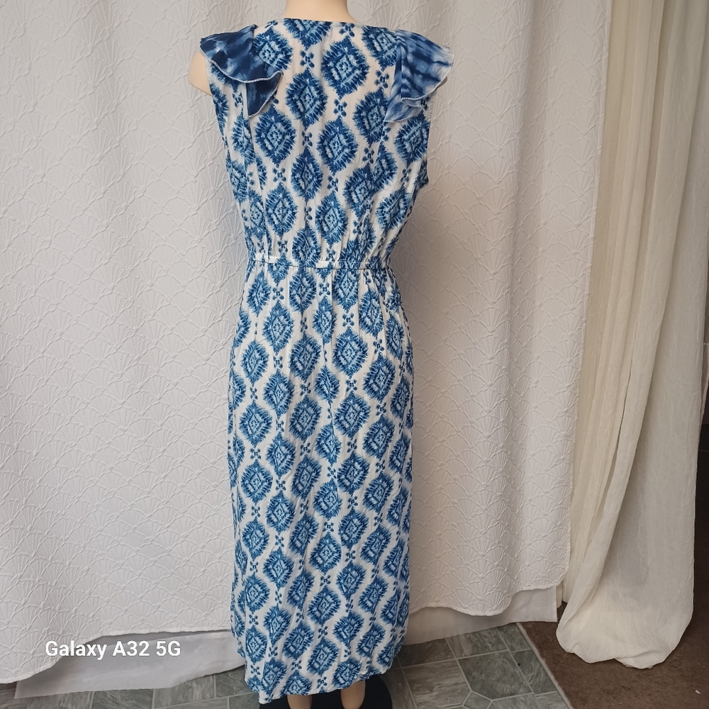 Studio West Women Size  L Blue and White Geometric Midi Dress - Picture 10 of 15
